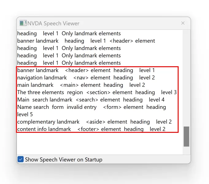 Screenshot of NVDA Speech Viewer listing all eight available landmark elements. It also show "invalid entry" for the form element.